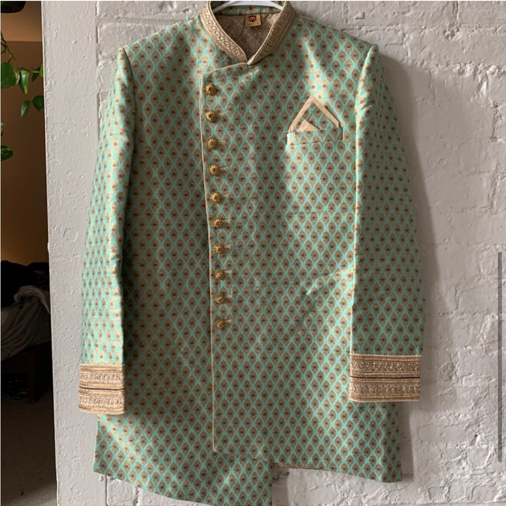 Men's Teal and Gold Jacquard Sherwani Wedding Jacket and Pants Set